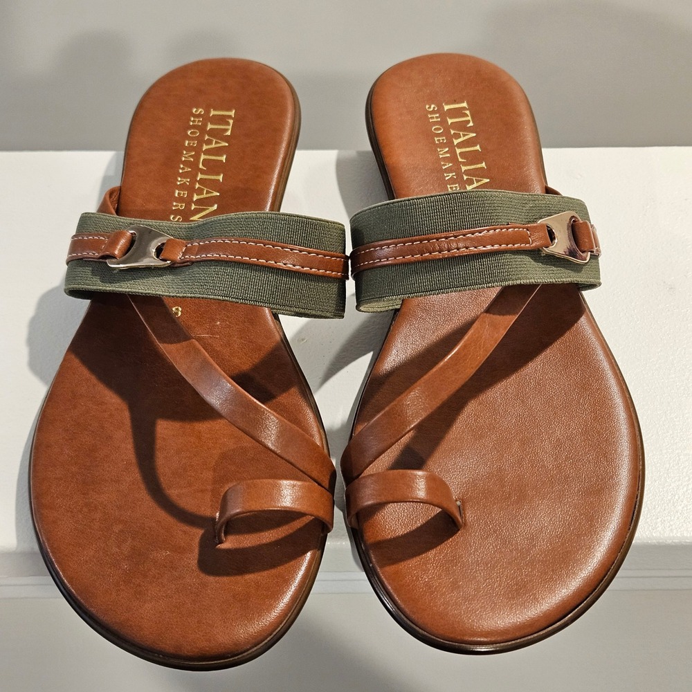 Italian Shoemakers Sandals Womens 8 Brown Olive Toe Loop Flat Elastic Italy